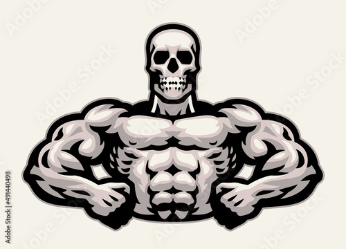 Skull Bodybuilder Mascot Flexing His Muscle