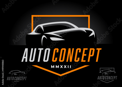 Auto coupe sports car logo design concept. Supercar silhouette icon. Motor vehicle dealership showroom symbol. Automotive performance garage workshop badge. Vector illustration.