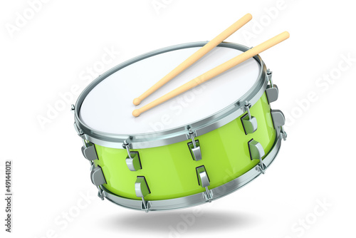 Realistic drum and wooden drum sticks on white. 3d render of musical instrument