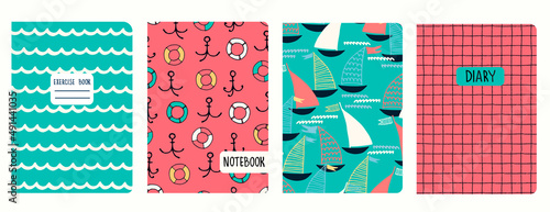 Set of cover page templates with sailing boats, anchors, lifesavers, waves. Based on seamless patterns. Headers isolated and replaceable. Perfect for school notebooks, diaries