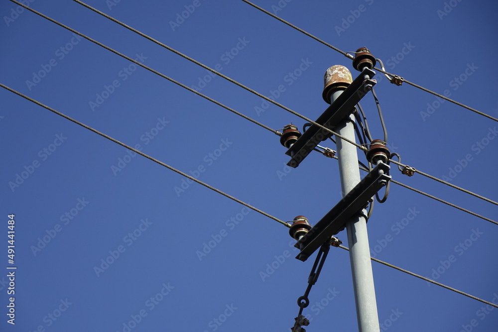 Power pole with grounding on a private house, clear blue sky, low angle view, concept: clean energy, electricity, power, supply, dependence (horizontal), Dahlbruch, NRW, Germany Power pole with grounding on a private house, clear blue sky, low angle view, concept: clean energy, electricity, power, supply, dependence (horizontal), Dahlbruch, NRW, Germany
