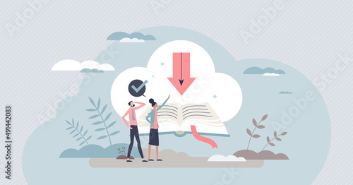 Online education and distant knowledge learning course tiny person concept. Remote virtual teaching using cloud technology for network library access vector illustration. Student web book resources.