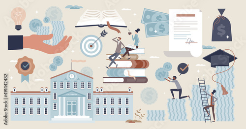 Scholarships set with financial education elements tiny person collection. University costs coverage to help students with expenses vector illustration. Isolated items or mini scenes with school costs