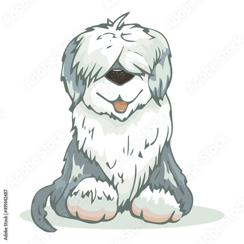 170_dogs and accessories_cute big dog of the Commander breed, fluffy, shaggy, good friend, pet, vector illustration for a card, banner, sign, symbol of a groomer, veterinarian,