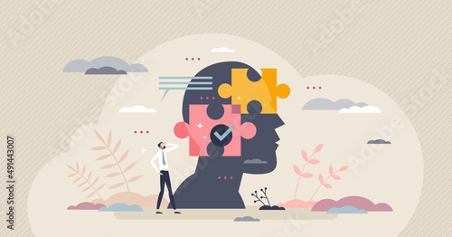 Decision mind puzzle and problem solving in head or brain tiny person concept. Analysis process with symbolic jigsaw puzzle pieces vector illustration. Smart psychological and mental thoughts thinking