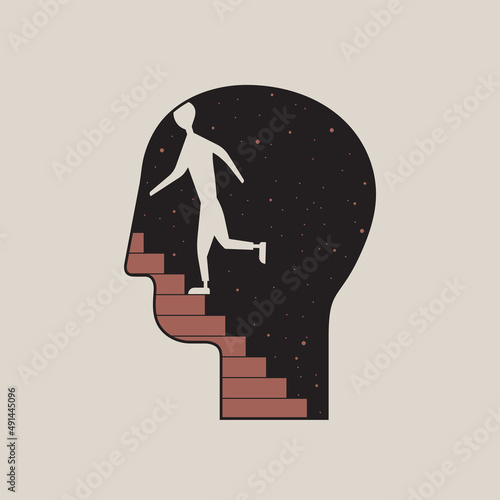 Escape from the problem. Fear and inability to deal with a life or personal situation. State of mind, vector illustration of abstract human head with person running up the stairs