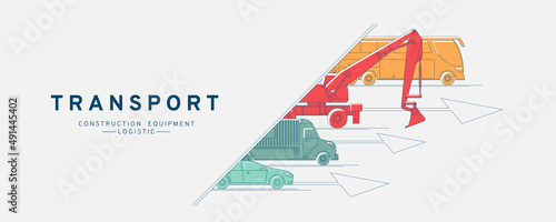 Transport and logistic background with bus, truck, excavator and car icons.