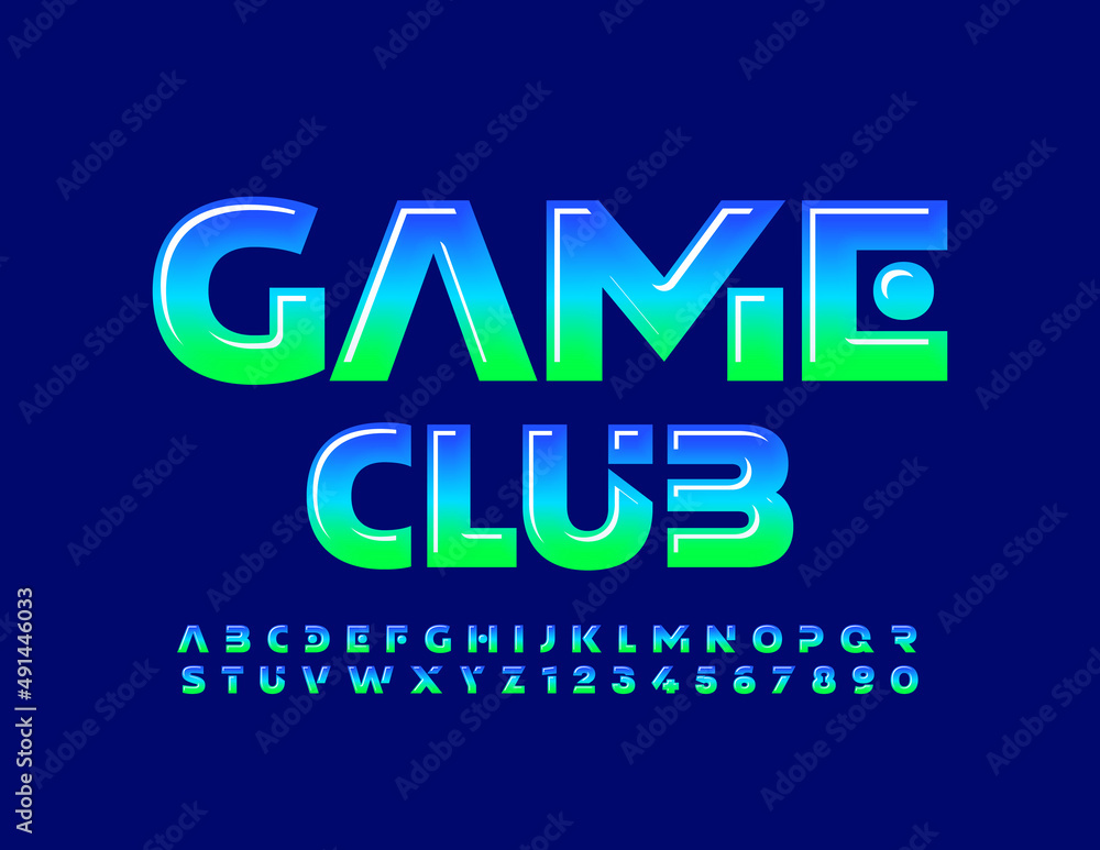 Vector Emblem Game Club. Glossy Font. Trendy Alphabet Letters and Numbers set Vector Emblem Game Club. Glossy Font. Trendy Alphabet Letters and Numbers set