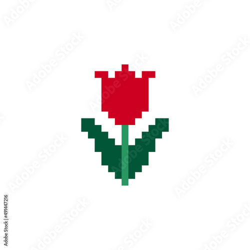 Rose icon. Pixel art. Logo of the flower shop. Element for the design of the greeting card International Women's Day, Mother's Day. Sticker design. Isolated vector illustration.