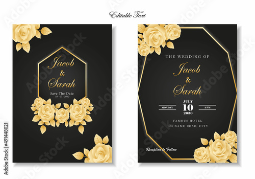 luxury wedding card black template with gold rose floral frame
