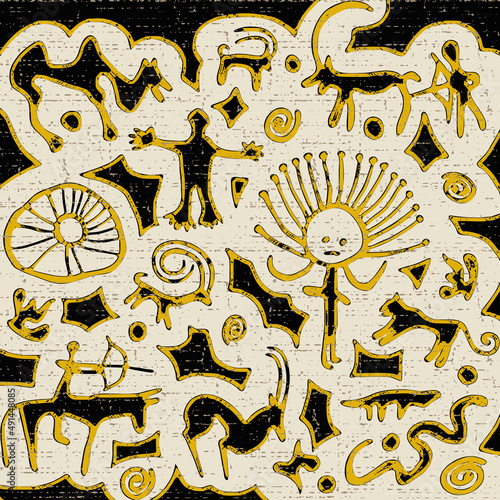 Seamless pattern. A series of petroglyphs, cave drawings, vector design.