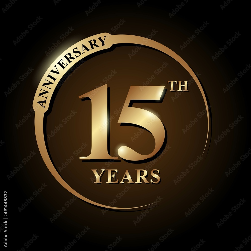 15 years anniversary celebration. Anniversary logo with ring and elegance golden color isolated on black background, vector design for celebration, invitation card, greeting card, and banner 15 years anniversary celebration. Anniversary logo with ring and elegance golden color isolated on black background, vector design for celebration, invitation card, greeting card, and banner