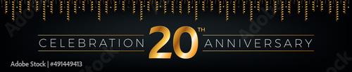 20th anniversary. Twenty years birthday celebration horizontal banner with bright golden color.