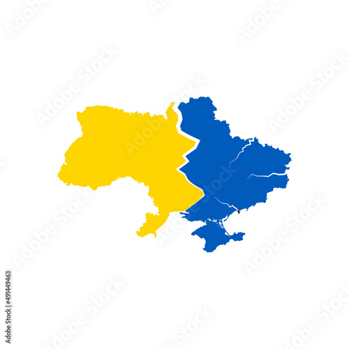 Crack on the map of Ukraine - decline, ruin, collapse, failure, disintegration and decimposition of Ukrainian country and state. Stock vector illustration isolated on white background.