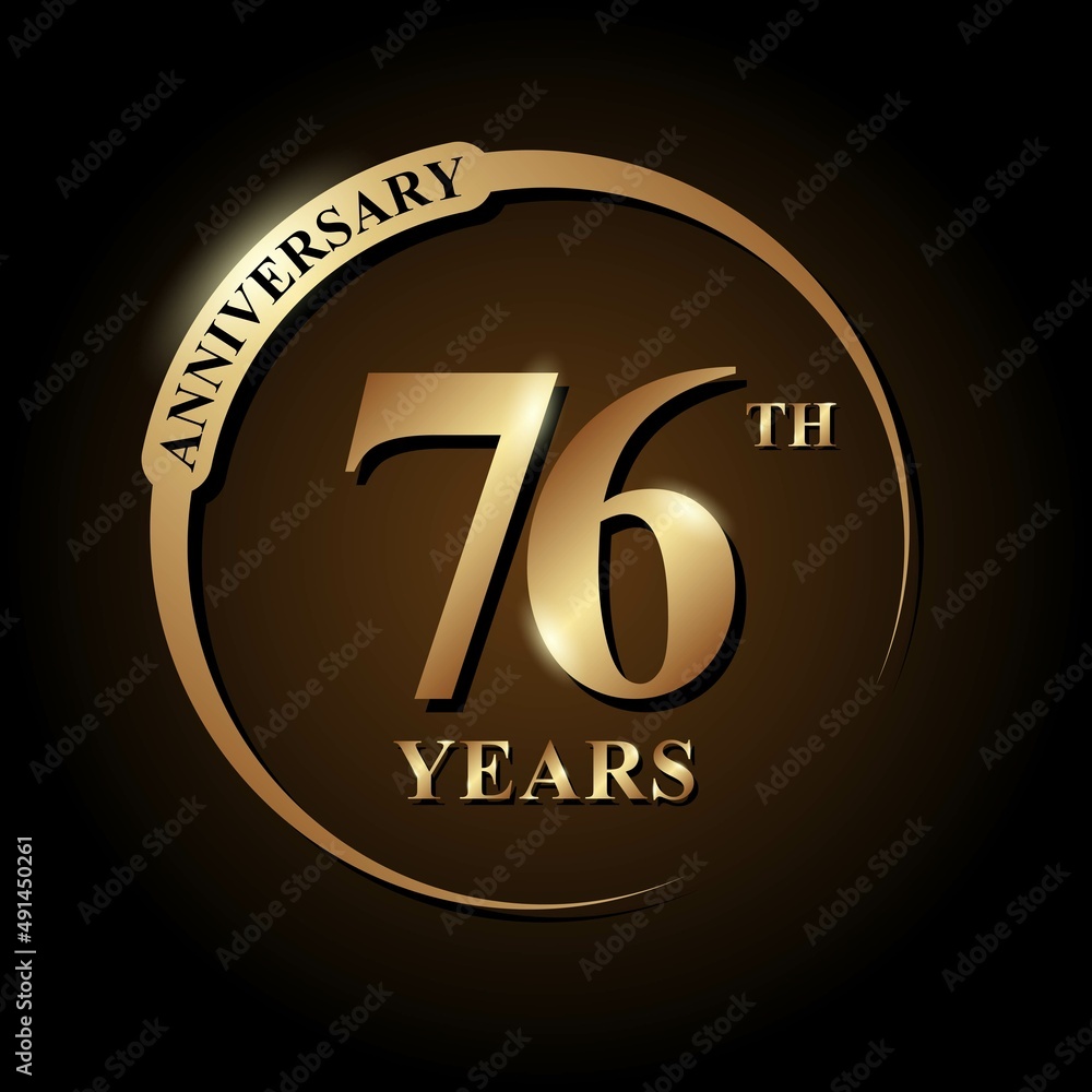 76 years anniversary celebration. Anniversary logo with ring and elegance golden color isolated on black background, vector design for celebration, invitation card, greeting card, and banner 76 years anniversary celebration. Anniversary logo with ring and elegance golden color isolated on black background, vector design for celebration, invitation card, greeting card, and banner