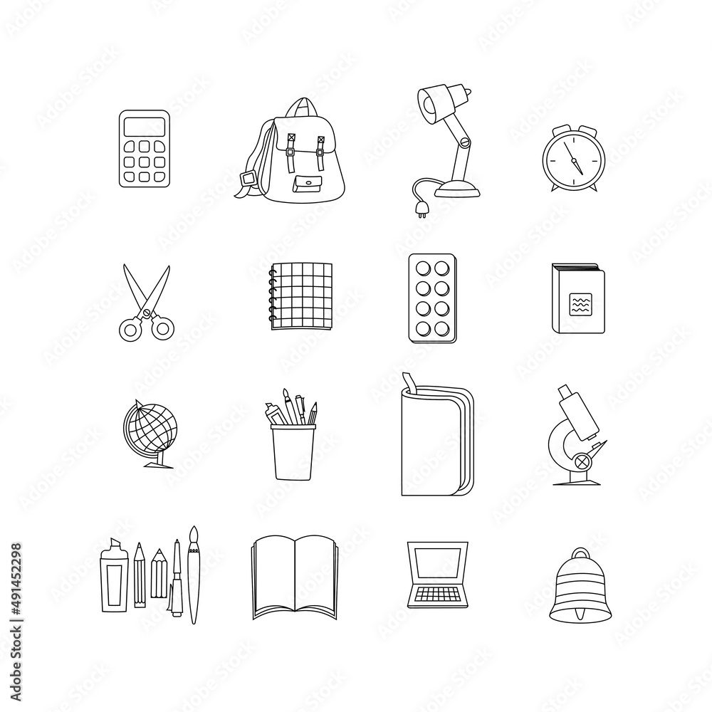 Obraz premium Back to school vector set of elements. Educational clipart. School supplies. Cute flat style classroom objects. Ready for school stuff. Back to school. Vector illustration