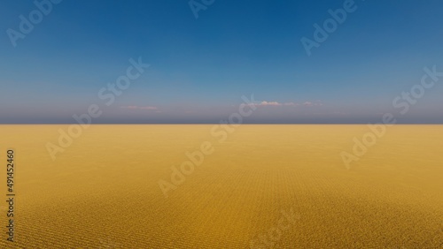 Picturesque landscape clear blue sky and yellow field of grass 3d render