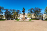 Alexander Pushkin monument at the Arts Square in Saint Petersburg, Russia. landscape of St Petersburg landmark Pushkin statue. 