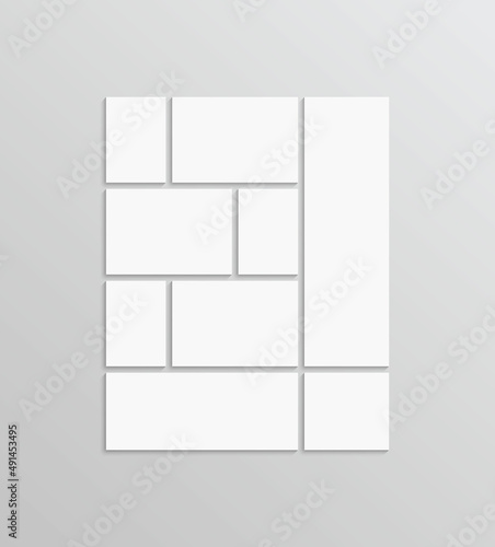 Moodboard layout. Photo collage grid. Mood board template. Album brandboard. Mosaic pictures frame. Vertical retro gallery banner. Portfolio images isolated on gray background. Vector illustration