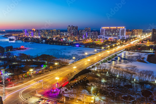 The city by the river is at night