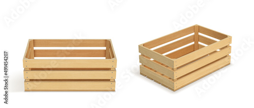 Vector realistic cargo storage wooden box isolated on white background. Wooden fruit box with holes. Box for storage and transportation of food.