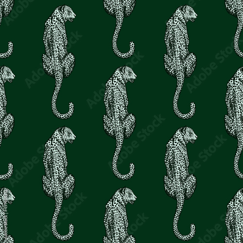 Leopard sit back seamless pattern. Vintage wildlife animals background.