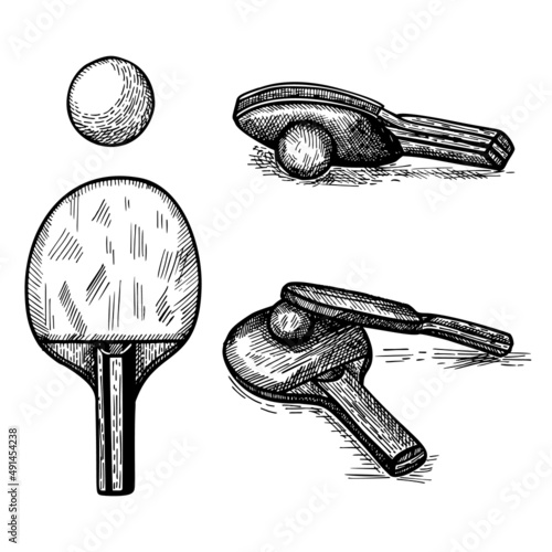 Set ping pong sketch isolated. Vintage sport elements for table tennis hand drawn style.