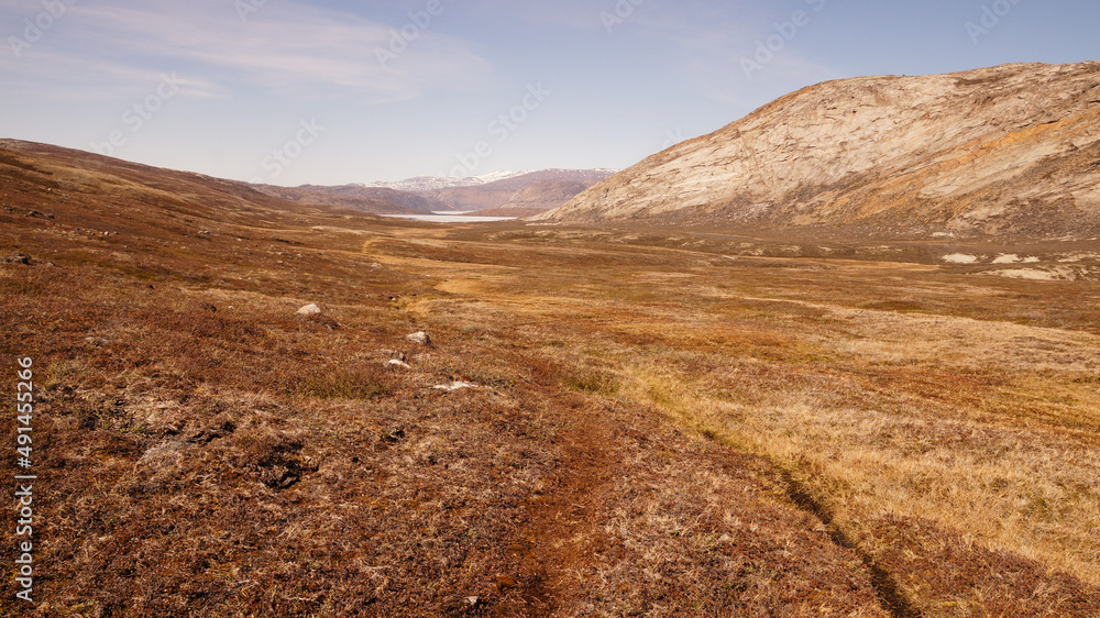 Arctic Circle Trail lake and mountain landscapes between Kangerlussuaq and Siimiut in Greenland.