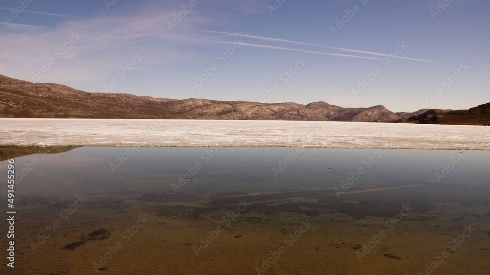 Arctic Circle Trail lake and mountain landscapes between Kangerlussuaq and Siimiut in Greenland.