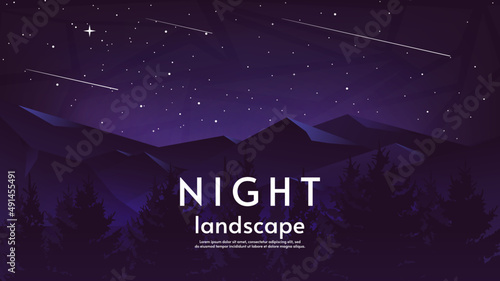 Night landscape. Vector illustration, flat style. Dark forest with mountains, Dark purple starry sky with comets. Design for background, wallpaper, tourism card. 