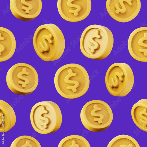 Dollar sign golden coins high quality 3D render seamless background. Finance business concept illustration.