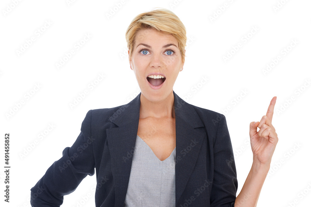 Pointing up in shock. Portrait of a young businesswoman pointing upwards. Pointing up in shock. Portrait of a young businesswoman pointing upwards.