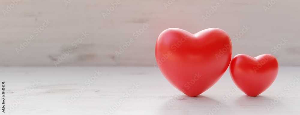 Red color heart on empty wooden background. Copy space, banner. 3d render Red color heart on empty wooden background. Copy space, banner. 3d render