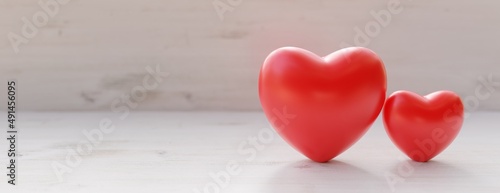 Red color heart on empty wooden background. Copy space  banner. 3d render