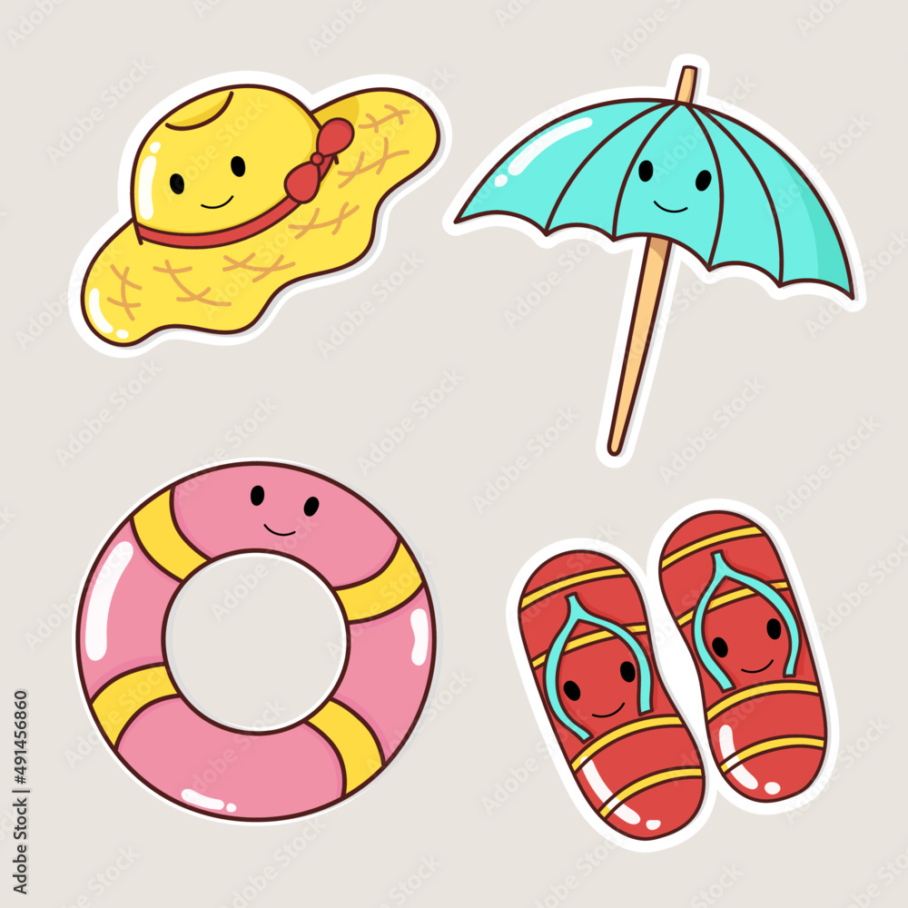 Naklejka premium set of sticker summer,Hat beach,swim ring,flip flop,vector,illustration
