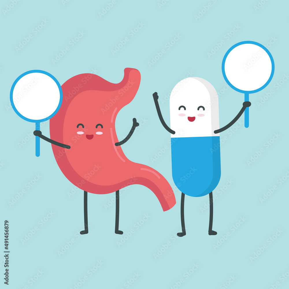 Cut happy pill and stomach holding empty sign character cartoon art illustration Cut happy pill and stomach holding empty sign character cartoon art illustration