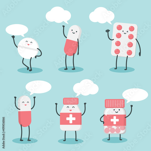 Cut happy pills with empty speech bubble character cartoon art illustration