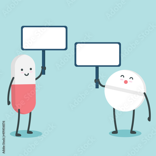 Cut happy pills holding stop sign character cartoon art illustration