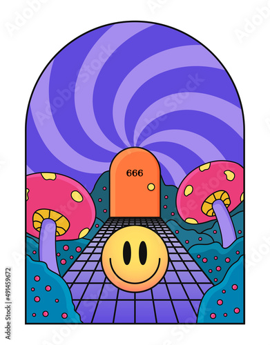 Art abstract smile, with big mushrooms and perspective, in acid style, drug trip