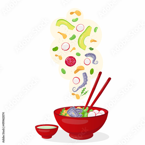 Flying octopus poke bowl illustration Hawaiian cuisine with sauce boat and chopsticks. Vector stock illustration isolated on white background for fast food restaurant with healthy, bio, meals. 