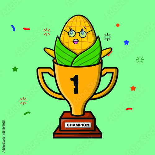 Cute cartoon corn character in trophy in concept 3d cartoon style