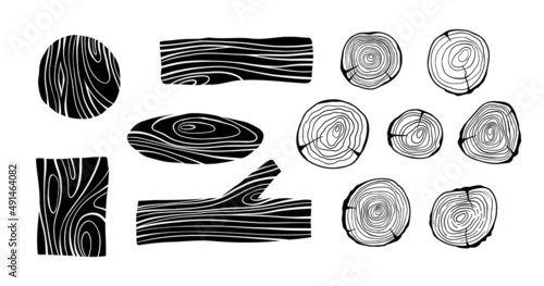 Wooden log cut set. Wooden tree rings, doodle saw cut tree trunk, log stump slice, timber texture. Vector illustration