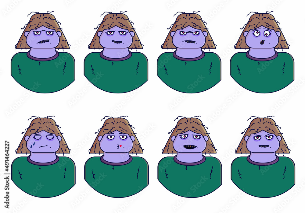 Zombie facial expressions. Cute girl with various emotions vector flat illustration.
