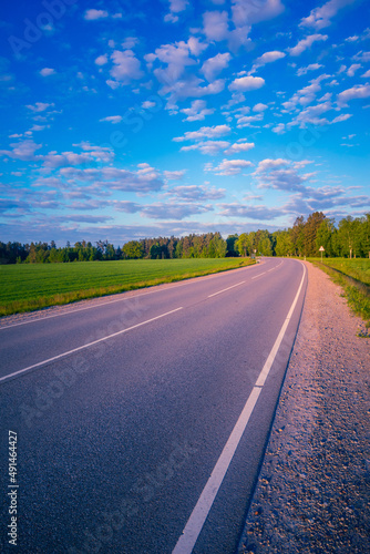 Beautiful spring landscape of rural area with asphalt road. Seasonal scenery of Northern Europe.