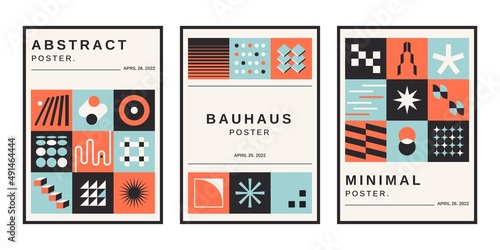 Geometric brutalist bauhaus posters. Simple geometrical bold forms swiss style, primitive geo figures. Vector design