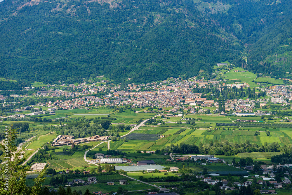 Aerial view of the small town of Levico Terme, tourist resort on the coast of Levico Lake, Valsugana (Sugana Valley), Trento province, Trentino Alto Adige, Italy, Europe.