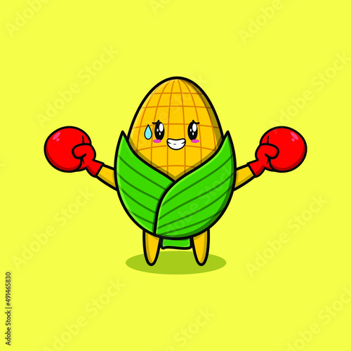 Cute Corn mascot cartoon playing sport with boxing gloves and cute stylish design for t-shirt, sticker, logo elements