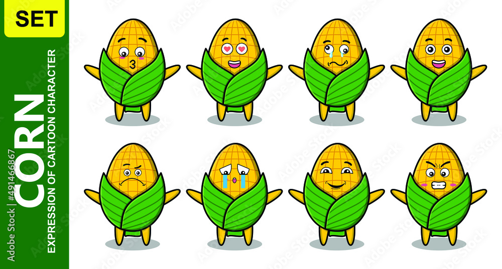 Obraz premium Set kawaii corn cartoon character with different expressions of cartoon face vector illustrations