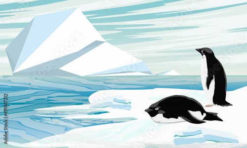 A couple of Adelie Penguins stand on the ocean and look at a large iceberg. Birds of the South Poles. Realistic vector landscape