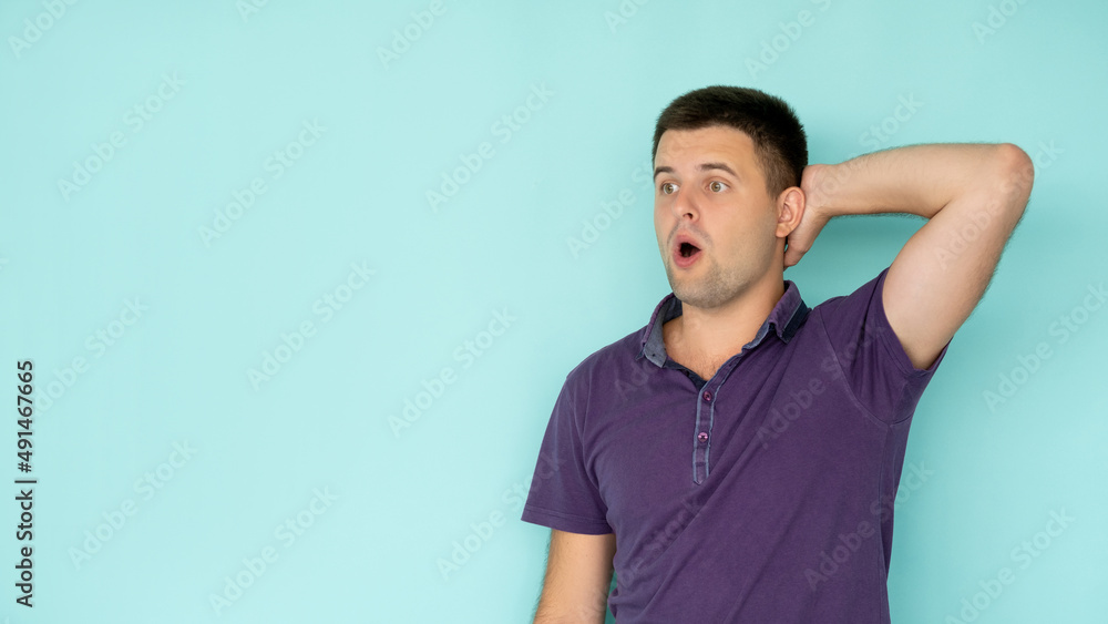 Shocked news. Surprised man. Disbelief expression. Amazed guy in casual look with opened mouth looking copy space isolated blue. Shocked news. Surprised man. Disbelief expression. Amazed guy in casual look with opened mouth looking copy space isolated blue.